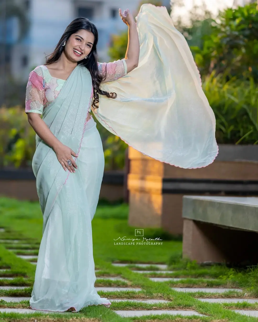 ETV Actress Priyanka Jain Wearing Light Green Saree Blouse